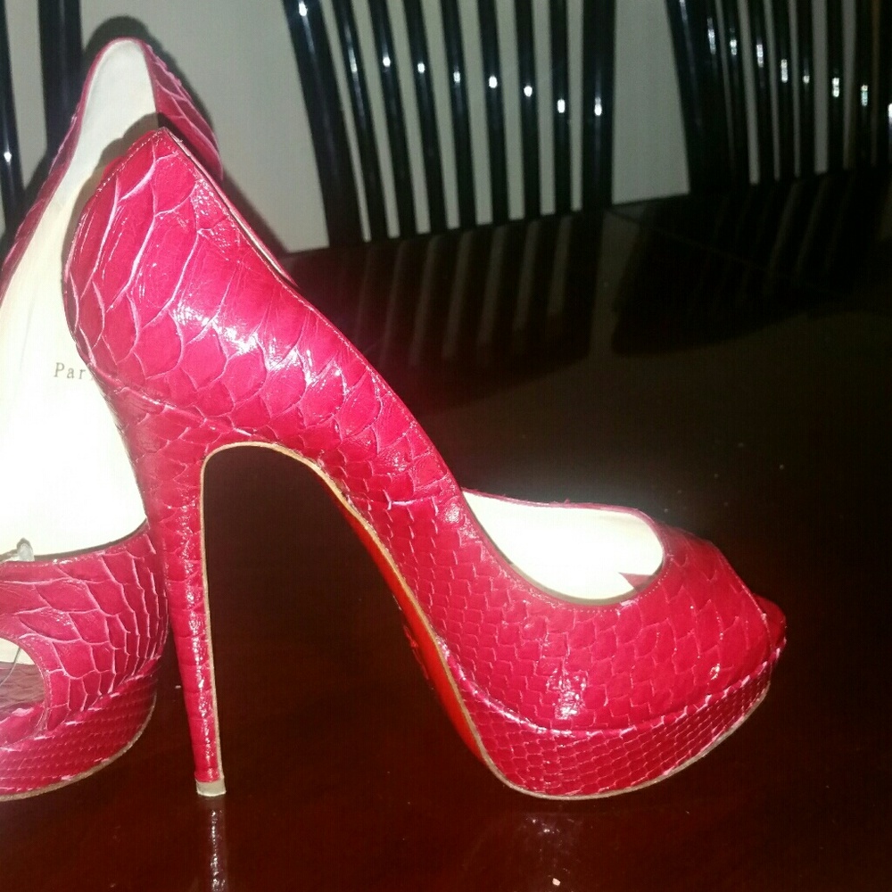 Christian Louboutin Red Snakeskin Peep-Toe Platform Pumps